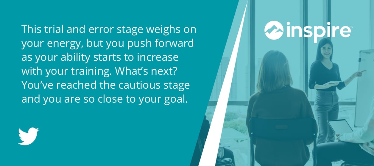 This trial and error stage weights on your energy, but you push forward as your ability starts to increase with your training, What’s next? You’ve reached the #CautiousStage and you are so close to your goal. 